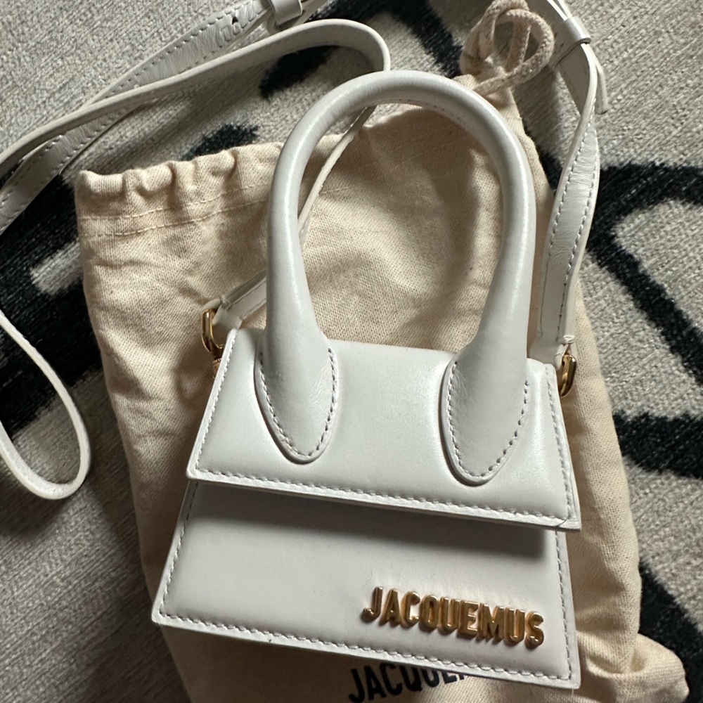 Jacquemus White Mini Top Handle Bag with Gold Logo